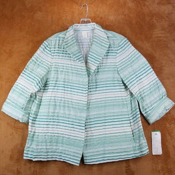 JONES NEW YORK Womens Jacket Large Green Ivory Stripe Boxy Open Lightweight - Picture 1 of 8